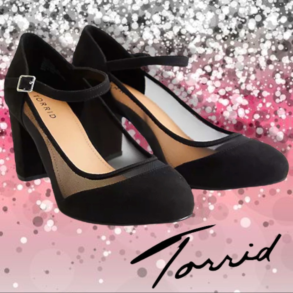 TORRID BLACK FAUX SUEDE MARY JANE MESH HEELS WW
